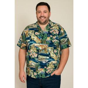 Paradise Found Hawaiian Shirt 2XL California Disney SF Bridge State Map Pocket